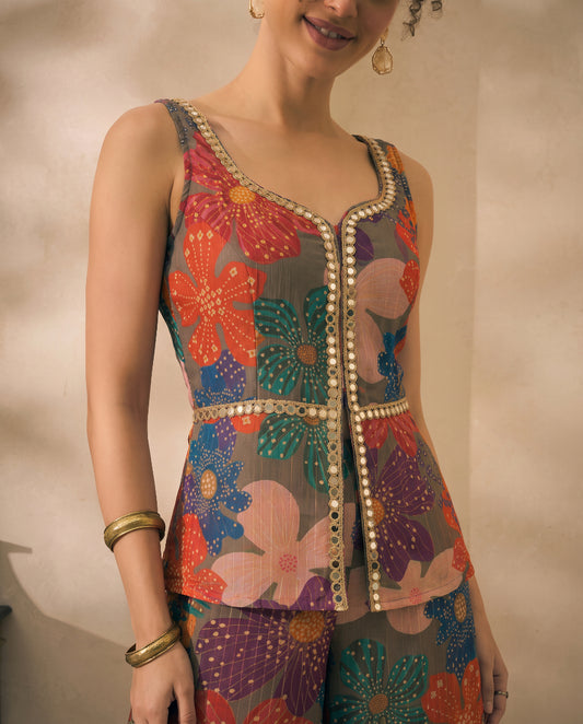 Multicolor Floral Printed Chiffon Corset Top & Palazzo With Dupatta Women 3 Piece Set