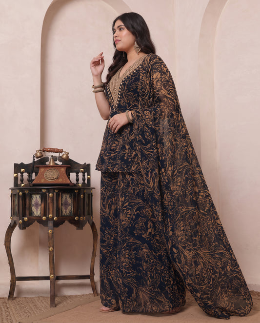 Black Abstract Printed Chiffon Peplum Top & Palazzo With Dupatta Indo Western Women's Plus Size 3 Piece Set