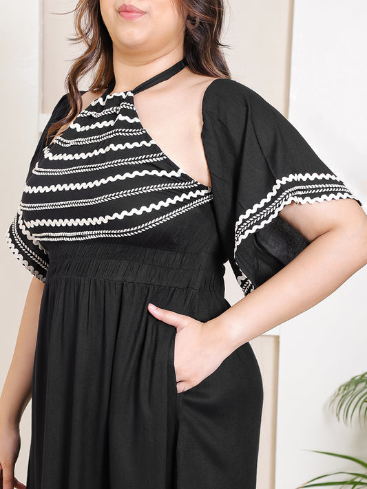 Women's Plus Size Black Halter Neck With Bell Sleeve Dress