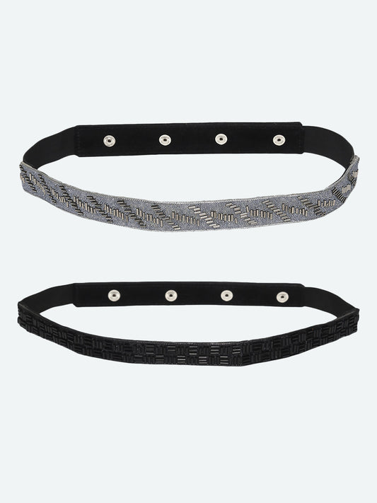 Women's Black & Grey Embellished 2 PU Belt