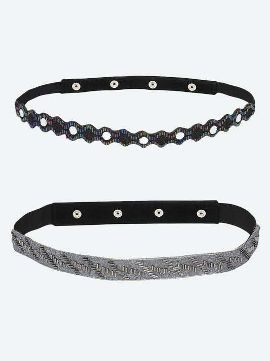 Women's Set Of 2 Grey Black Embellished PU Belt