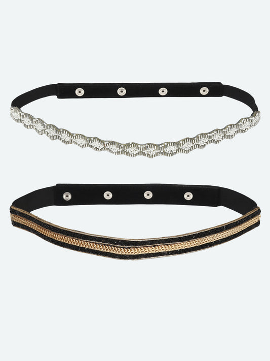 Women's Set Of 2 Black Silver-Toned Sequin Embellished Stretchable PU Belt