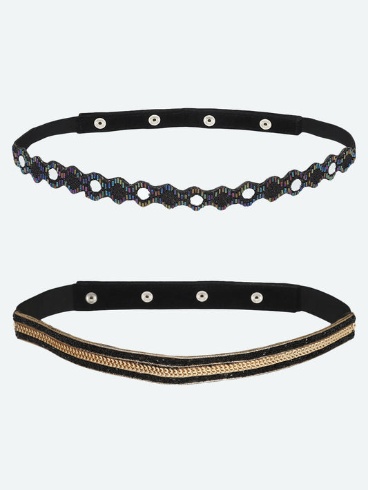 Women's Zig-Zag Black & Golden Embellished 2 PU Belt