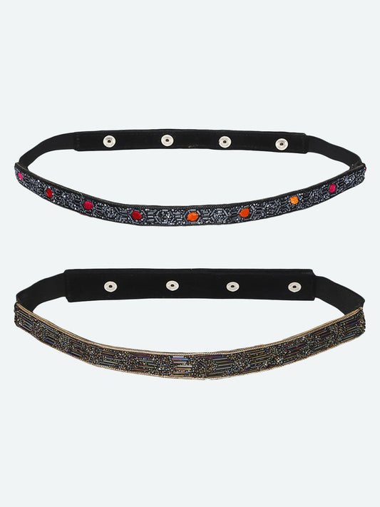 Women's Set of 2 Gold-Toned Black Embellished Belts