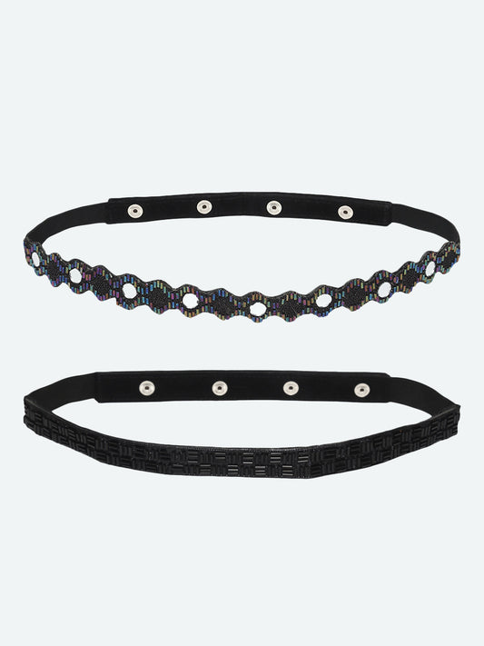 Women's Black Beads & Mirror Embellished 2 PU Belt