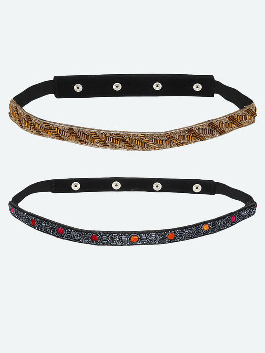 Set Of 2 Women's Black Embellished PU Belt