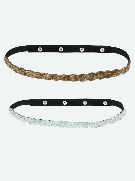 Woman Pack of 2 White Golden Sequinned Embellished PU Belt