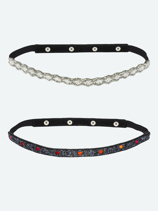 Women's Black Embellished 2 PU Belt