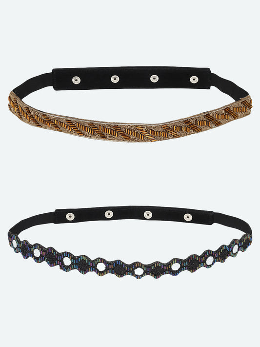 Women's Black Embellished Set of 2 PU Belt