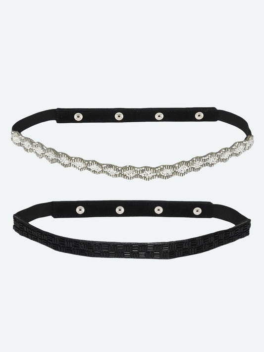 Women's White & Black Pack Of 2 Embellished PU Belts