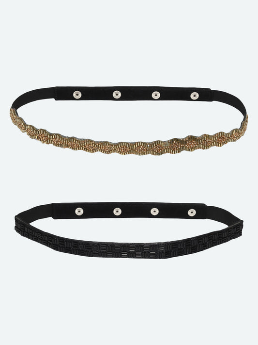 Women's Black  Gold Set Of 2 Embellished PU Belts