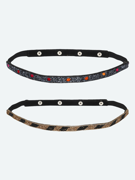 Women's Pack Of 2 Gold-Toned Black Embellished Belt