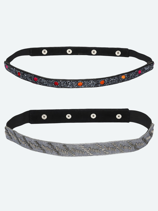 Women's Set Of 2 Grey Black Embellished Beaded Belts