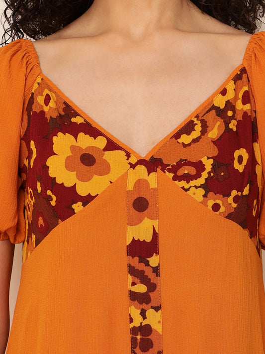 Mustard With Floral Printed Women Dress