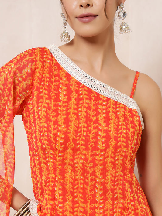 Orange Leaf Printed One Shoulder Tunic With Palazzo Indo Western Women Co-Ord Set