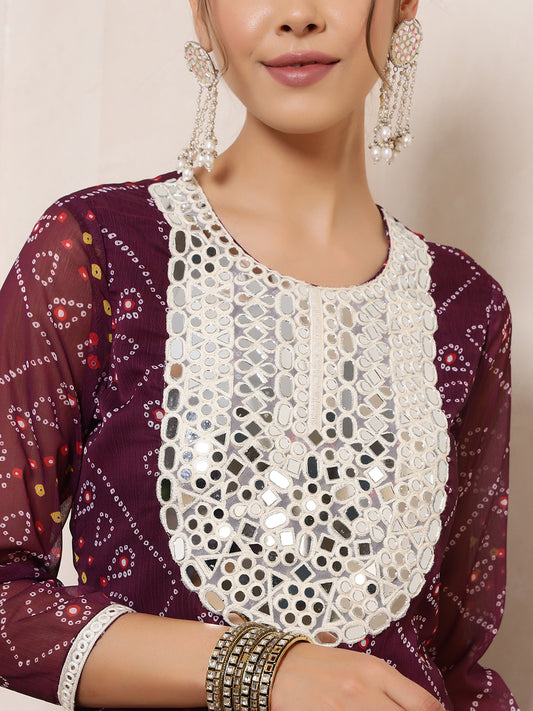 Wine Bandhani Kurti With Palazzo Indo Western Women Co-Ord Set