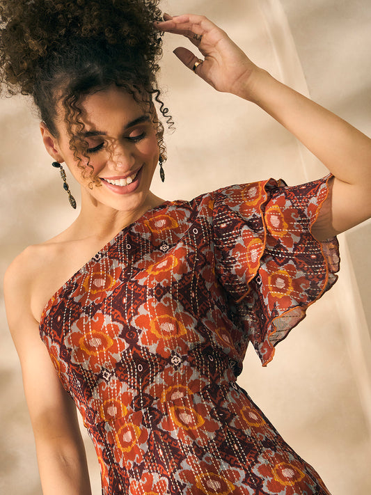 Multi Colour One Shoulder Top With Palazzo Indo Western Women Set