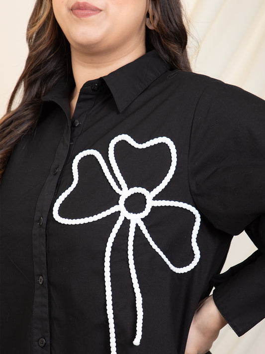 Black High Low One Side Flower Design Women Plus Size Shirt