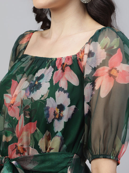 Bottle Green Floral Printed Women Tiered Dress