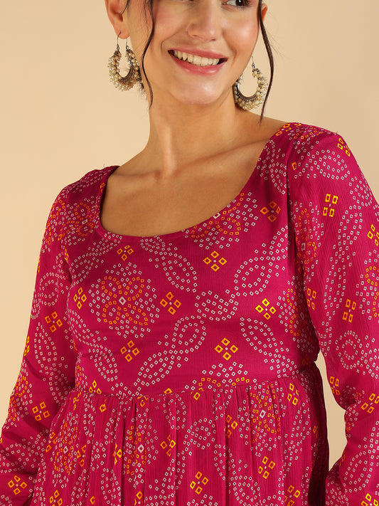 Magenta Bandhani Printed Women Ethnic Tiered Maxi Kurta For Women