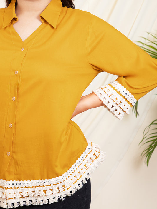 Lace Detailed Mustard Women Plus Size Shirt