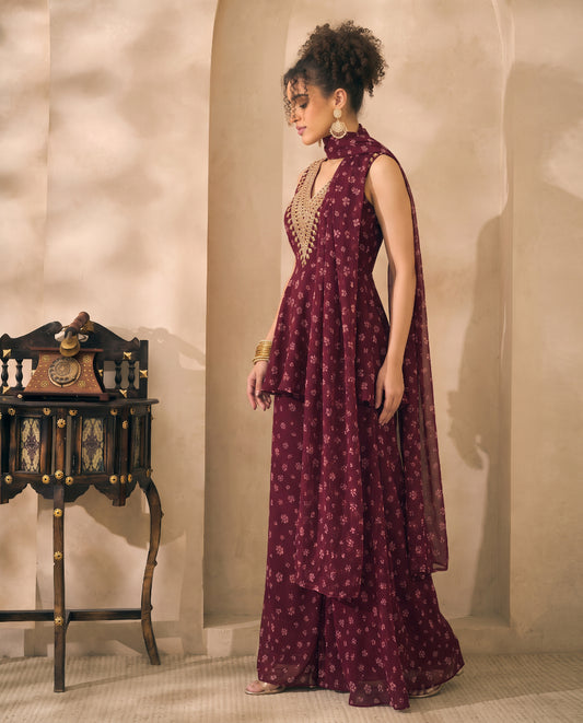 Wine Floral Print Georgette Butta Peplum Top & Palazzo With Dupatta Indo Western Women 3 Piece Set