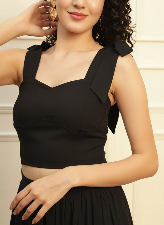 Black Solid Corset Style Top With Multi Colour Printed Skirt Women Co-ord Set