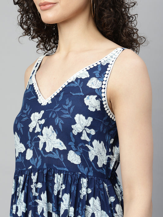 Navy Blue Floral Women Flared Dress