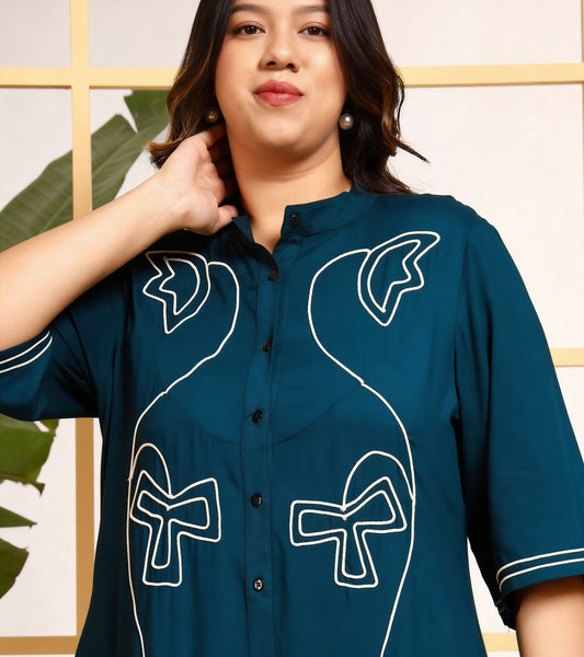Teal Embroidered Tiered Women's Plus Size Shirt Dress