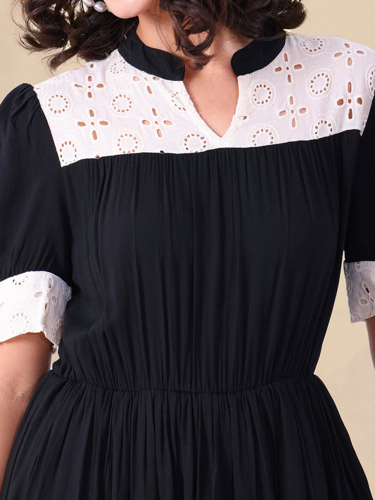 Black Pure Rayon With Embroidered Schiffli Women's Tiered Dress