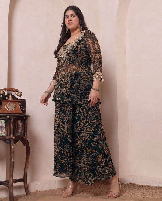 Black & Beige Printed Chiffon Deep Neck Kurta With Palazzo & Bustier Plus Size Indo Western Women 3 Piece Set