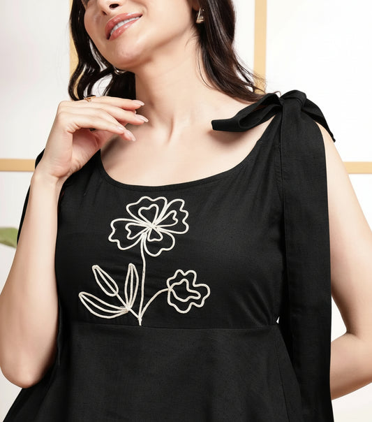Black Embroidered Tiered Layered Women's Dress