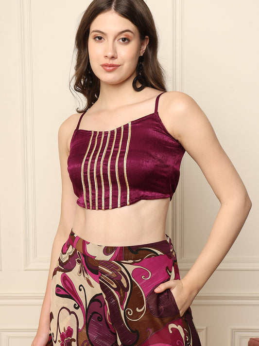 Wine Abstract Printed Kurti With Crop Top With Palazzo Women Set