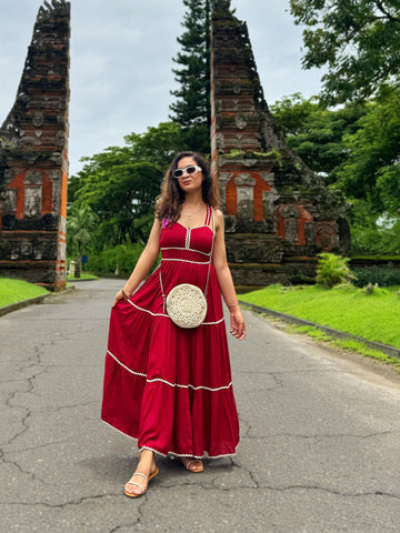 Maroon Solid Tiered Women Maxi Dress