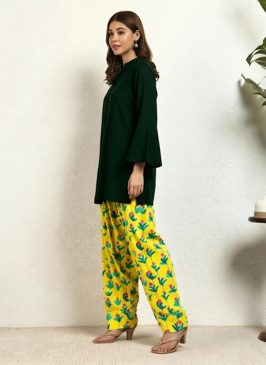 Dark Green Cotton Kurta With Multicolor Floral Printed Salwaar Pants Women Co-ord Set