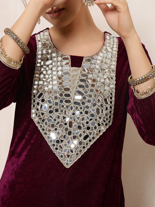 Velvet Wine Kurti Embroidered Neck Patch Sharara With Dupatta Indo Western Women Co-Ord Set