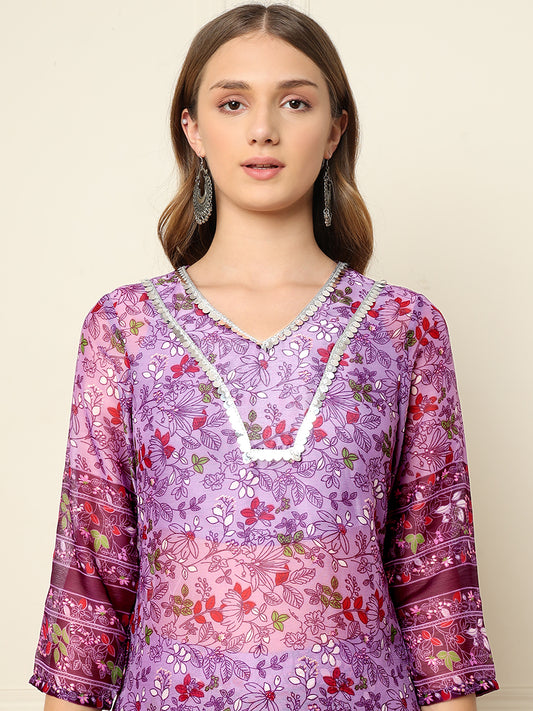 Lavender Floral Kurti With Sharara Indo Western Women Co-Ord Sets