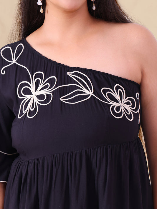 Asymmetric One Shoulder Embroidered Pure Rayon Tiered Dress