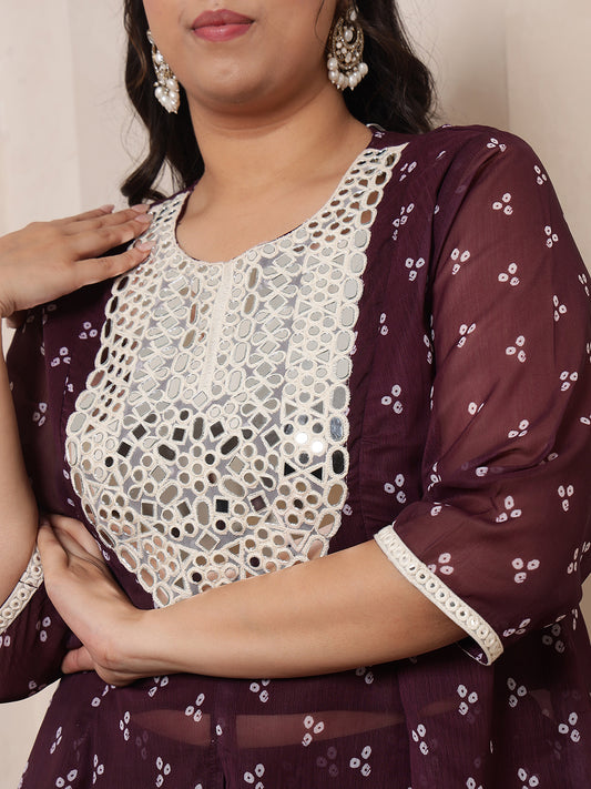 Wine Bandhani Printed Peplum Top With Embroidered Neck Patch With Panel Sharara With Dupatta Women Indo Western Co-Ord Set