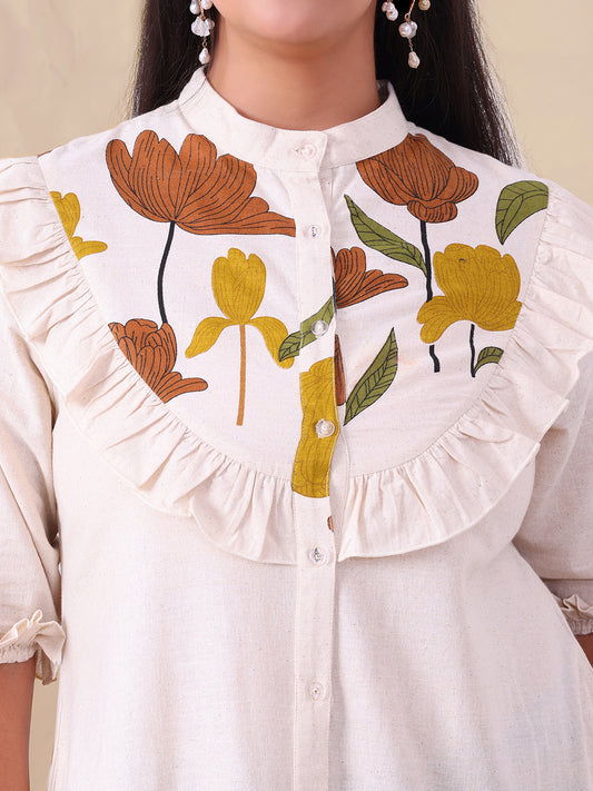 Pure Cotton Placement Printed Women Tiered Shirt Dress