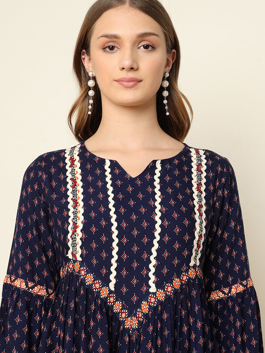 Navy Blue Printed Peplum Top With Sharara Women Indo Western Co-Ord Sets