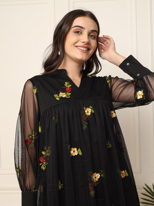 Black Embroidered Net Flared Women Dress