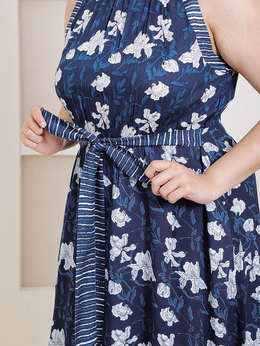 Women's Plus Size Indigo Floral Printed High Low Dress