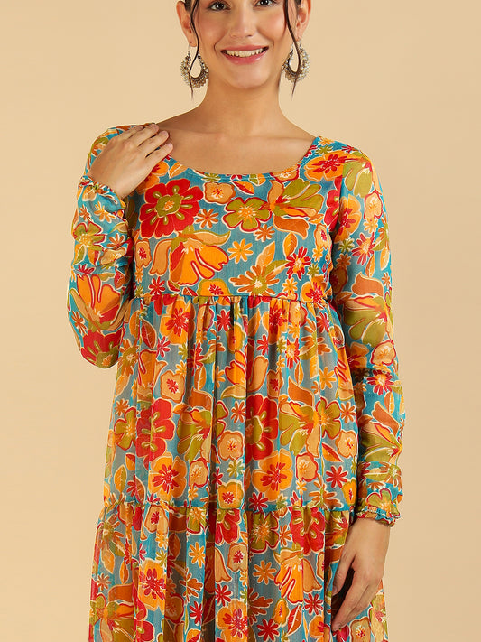 Multi Colour Floral Printed Ethnic Kurta With Dupatta Set For Women