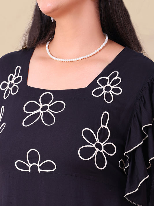 Black Pure Rayon Embroidered Women's Tiered Dress