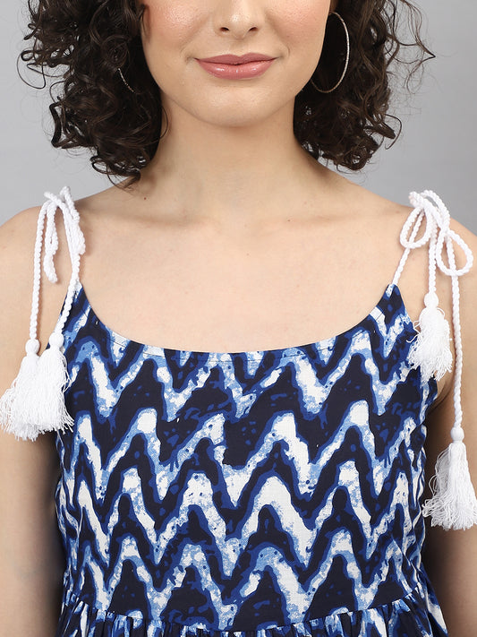 Navy Blue White Chevron Printed Fit & Flare Dress