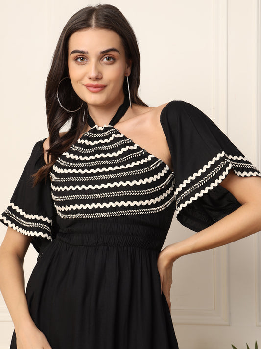 Black Halter Neck With Bell Sleeve Women Dress