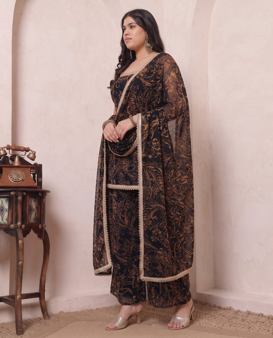 Black Abstract Printed Chiffon Kurta & Palazzo With Dupatta Indo Western Women's Plus Size 3 Piece Set