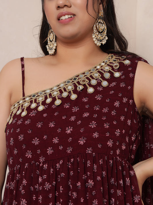Wine Floral Dobby Printed One Shoulder Tiered Maxi Dress With Attached Dupatta For Women