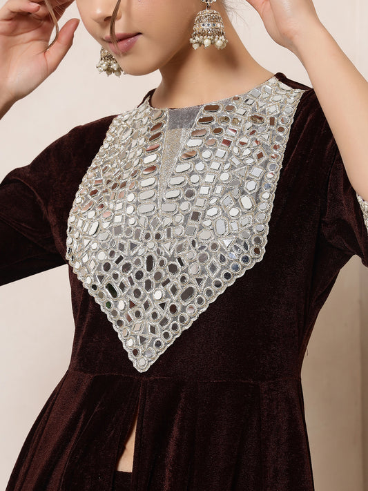 Velvet Brown Anarkali Tunic With Embroidered Neck Patch Tunic With Palazzo Indo Western Co-Ord Set